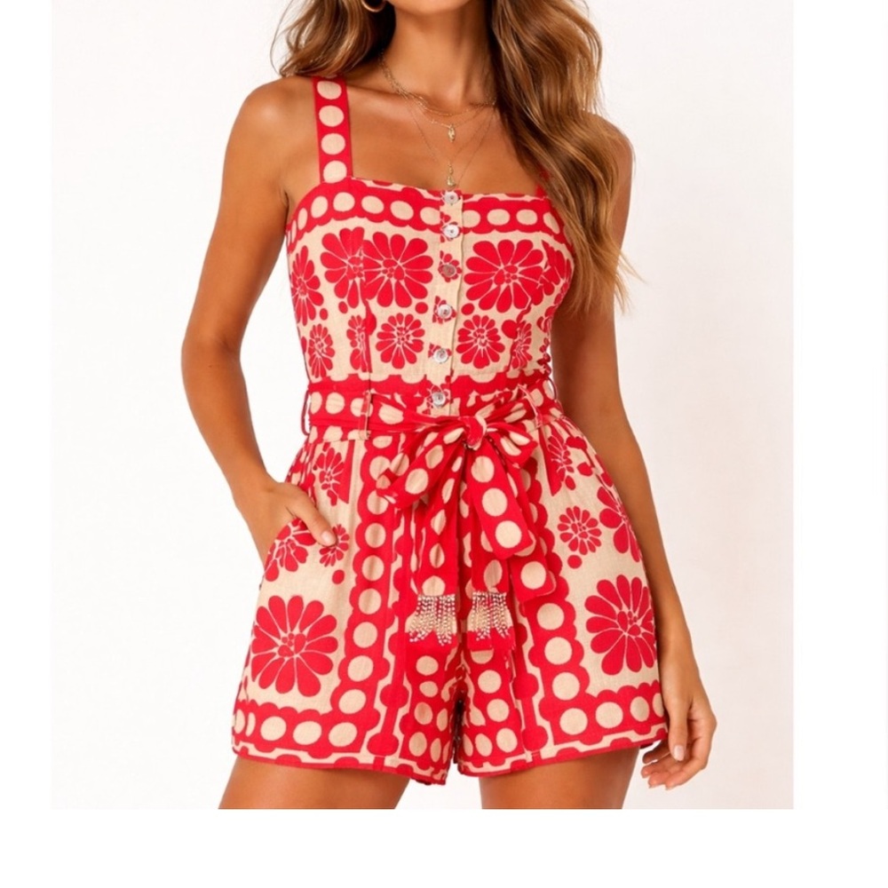 Farm Rio Red Floral Print Romper